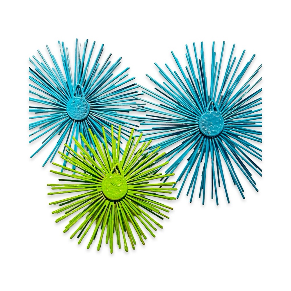 3 Vibrant Blue and Green Metal Sea Urgents Starbursts Wall Decor 60’s style